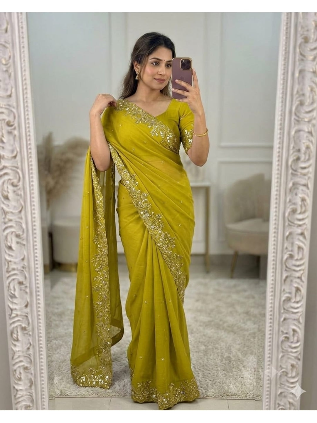Peachmode Lemon Yellow Sequin Embroidered Georgette Saree - Image 1