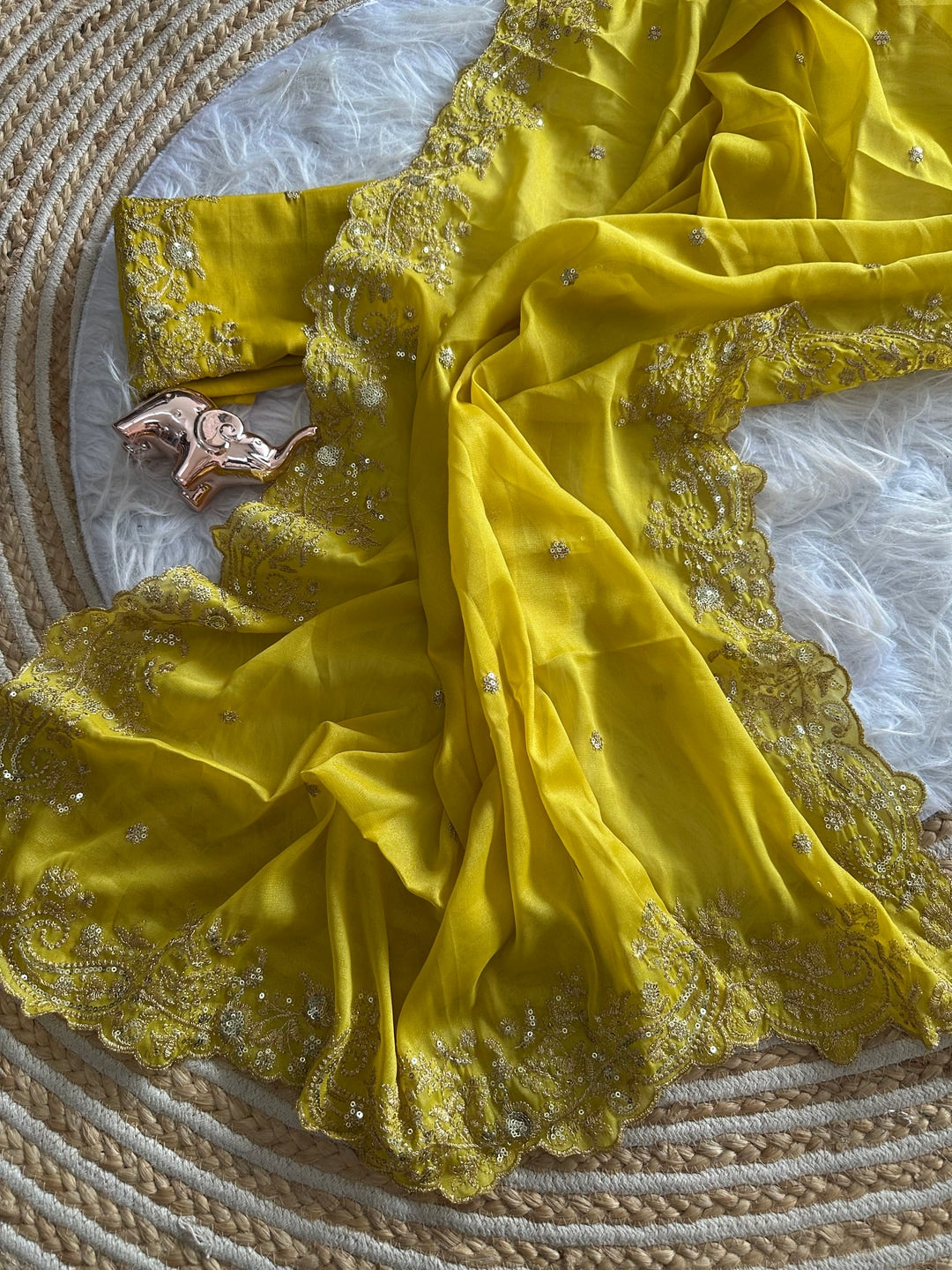 Peachmode Lemon Yellow Sequin Embroidered Georgette Saree - Image 2