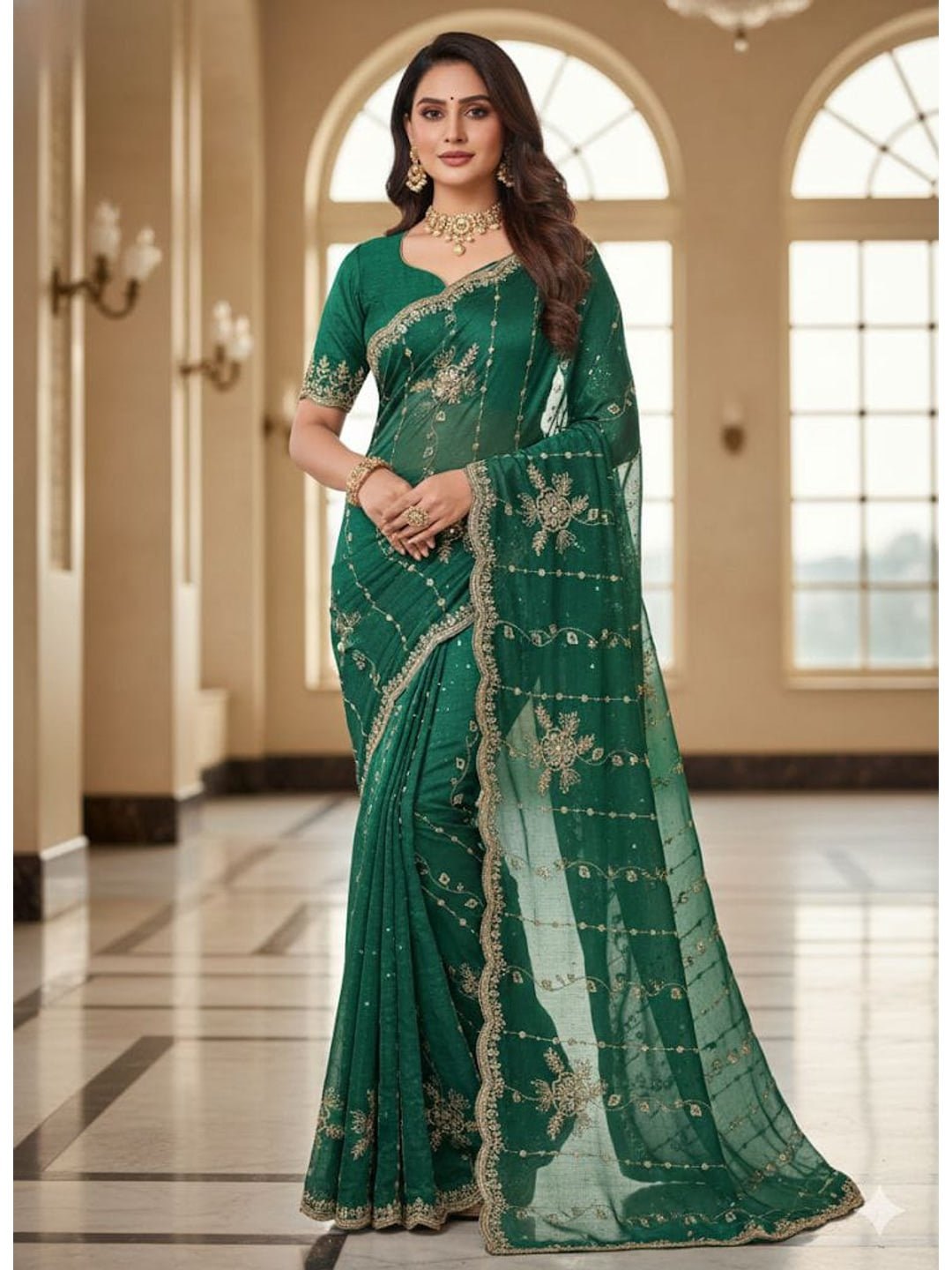 Peachmode Green Floral Embroidered Fendi Satin Saree - Image 1