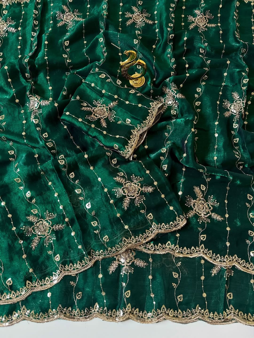 Peachmode Green Floral Embroidered Fendi Satin Saree - Image 2