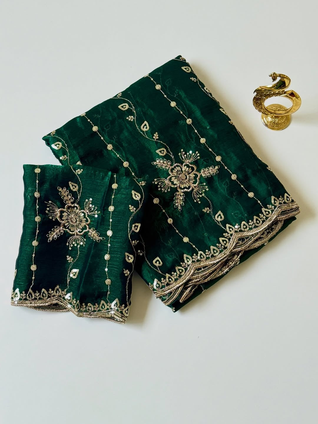 Peachmode Green Floral Embroidered Fendi Satin Saree - Image 3