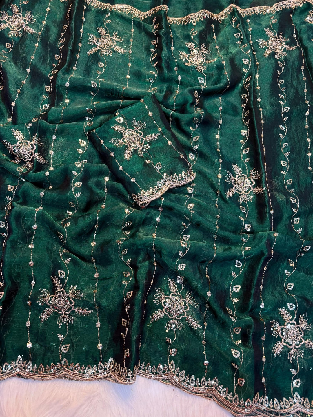 Peachmode Green Floral Embroidered Fendi Satin Saree - Image 4