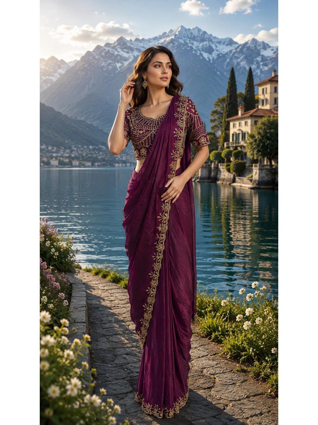 Peachmode Wine Fendi Satin Saree With Beads Work Ready Blouse - Image 2