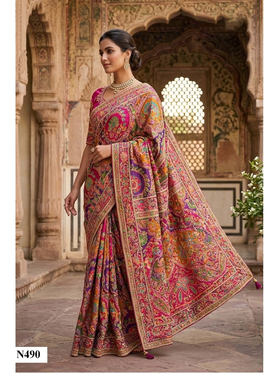 Peachmode Pink Multicolor Aari Work Natural Crepe Saree - Image 2