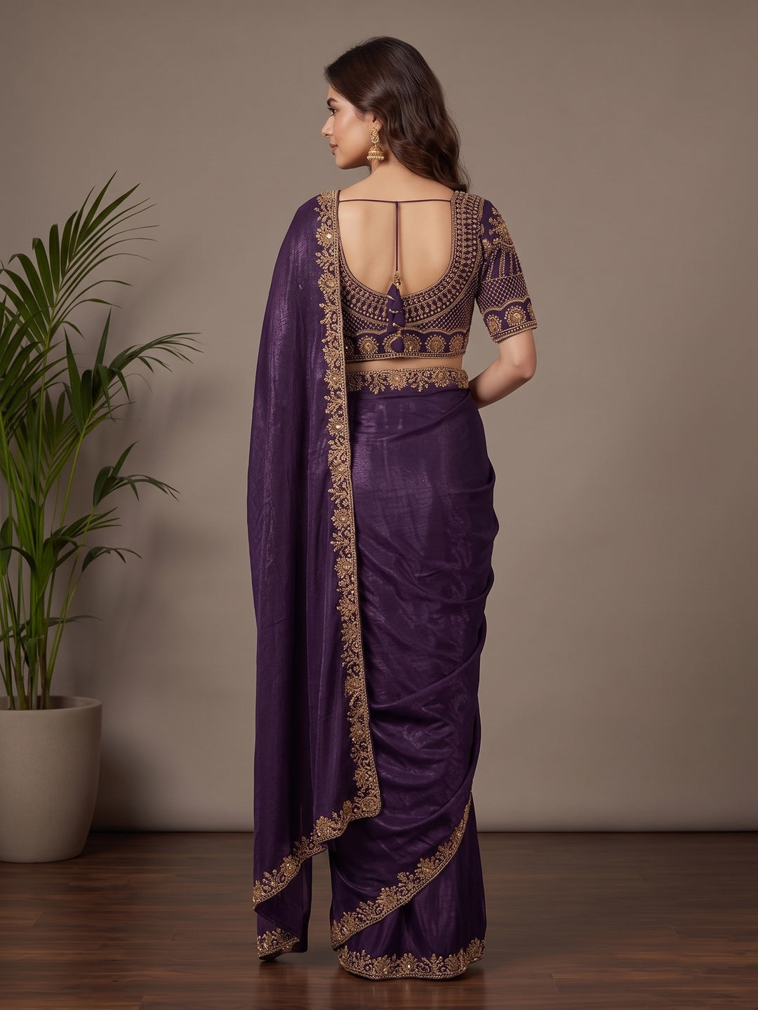 Peachmode Deep Purple Fendi Satin Saree With Beads Work Ready Blouse - Image 3