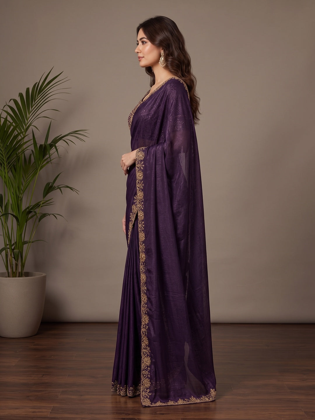 Peachmode Deep Purple Fendi Satin Saree With Beads Work Ready Blouse - Image 4