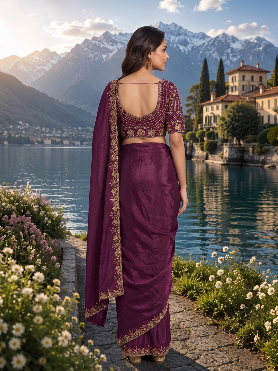 Peachmode Wine Fendi Satin Saree With Beads Work Ready Blouse - Image 3