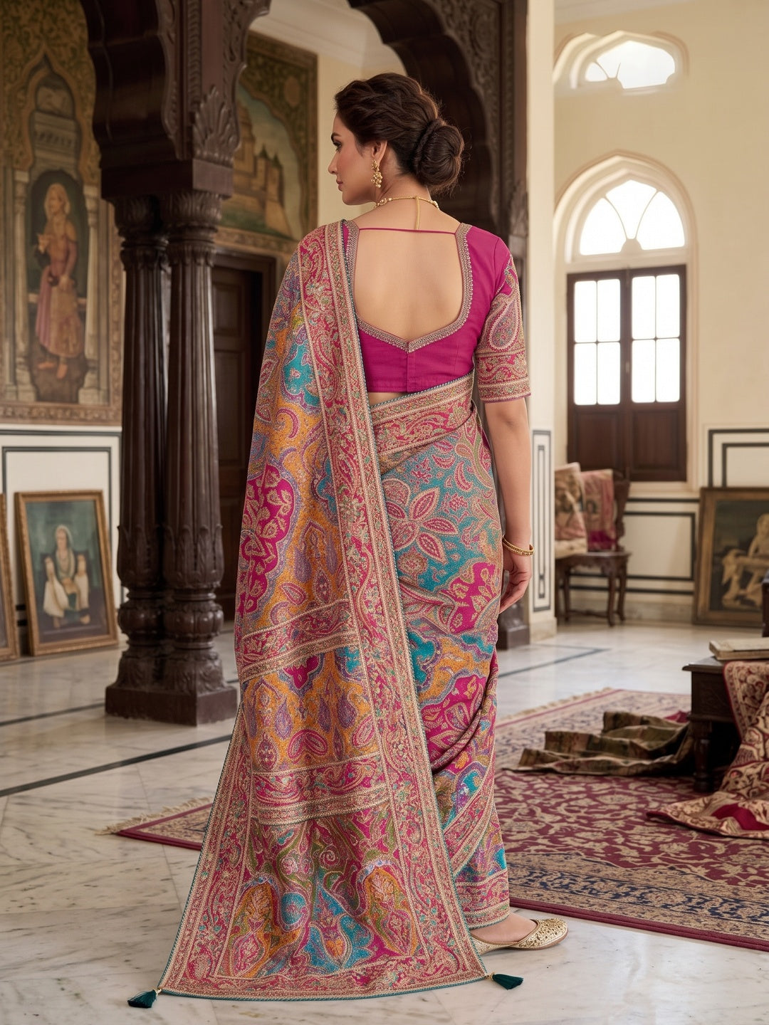 Peachmode Pink Multicolor Aari Work Natural Crepe Saree - Image 3