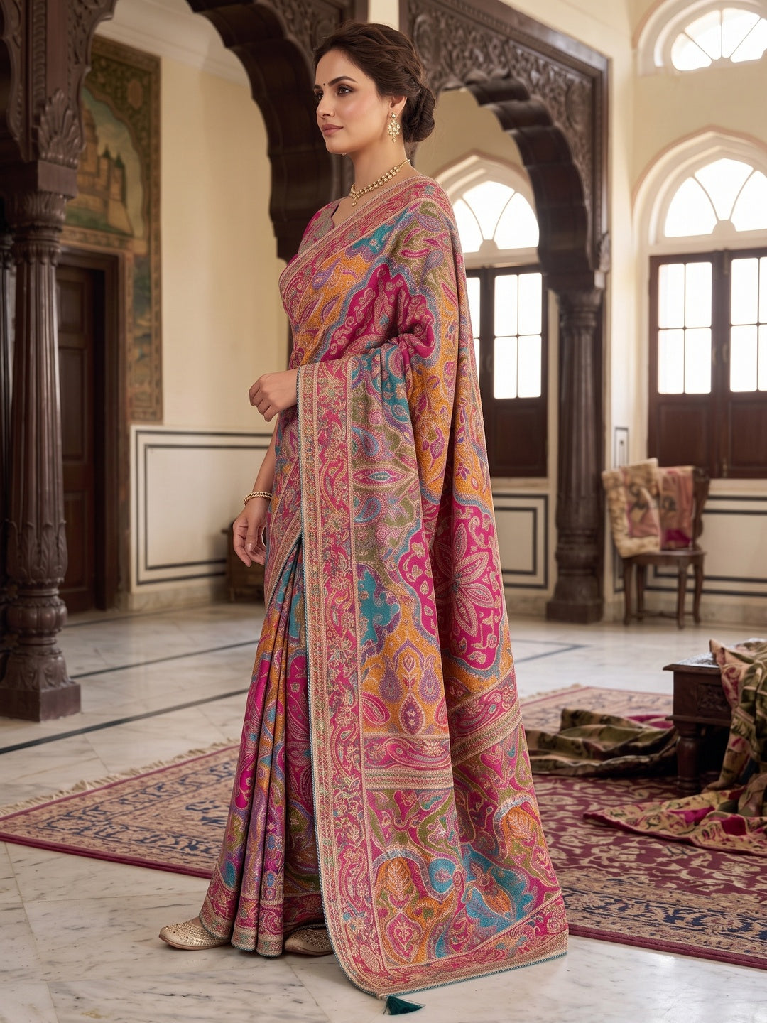 Peachmode Pink Multicolor Aari Work Natural Crepe Saree - Image 4