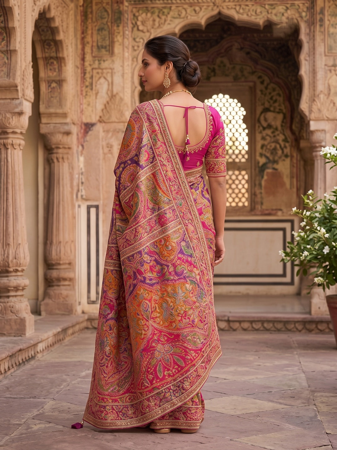 Peachmode Pink Multicolor Aari Work Natural Crepe Saree - Image 3