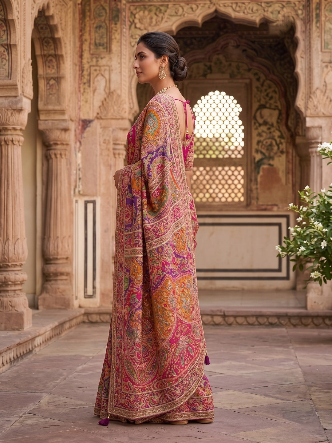 Peachmode Pink Multicolor Aari Work Natural Crepe Saree - Image 4