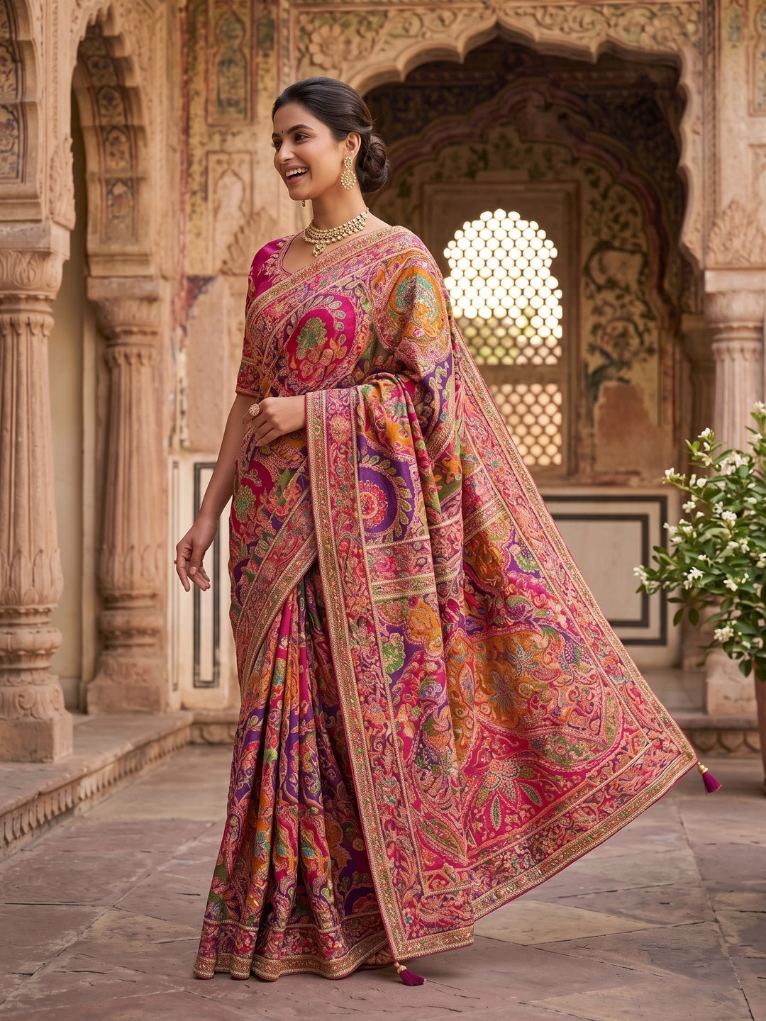 Peachmode Pink Multicolor Aari Work Natural Crepe Saree - Image 5