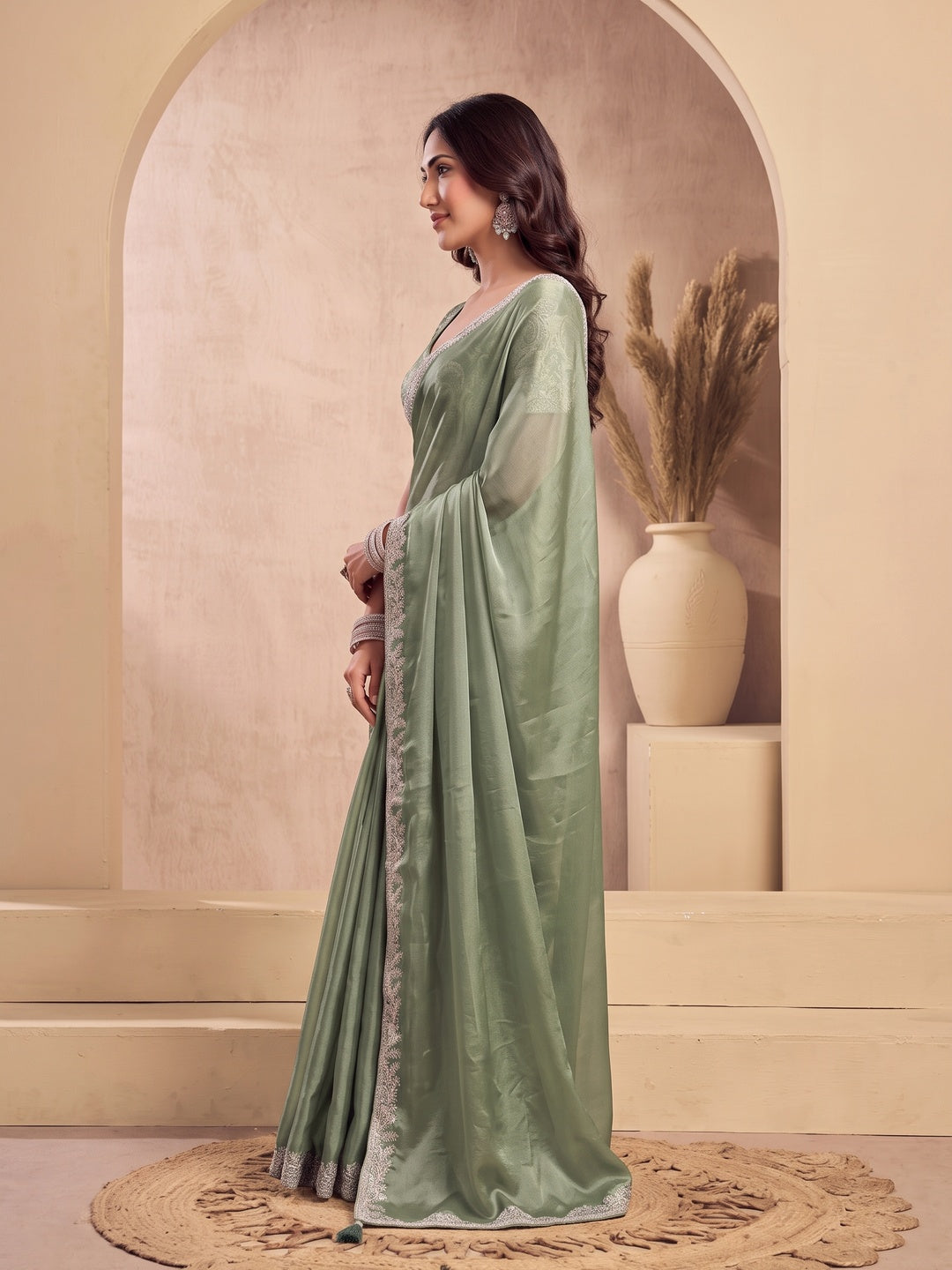 Peachmode Sage Green Tissue Organza Silk Saree With Ready Blouse - Image 3