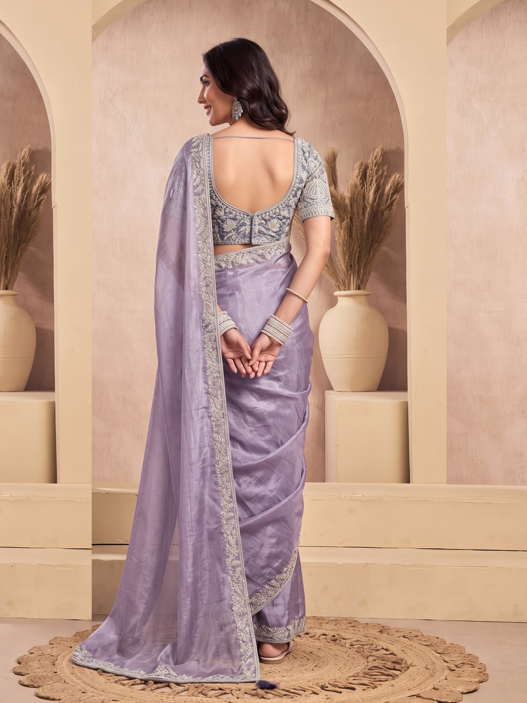 Peachmode Lavender Tissue Organza Silk Saree With Ready Blouse - Image 3