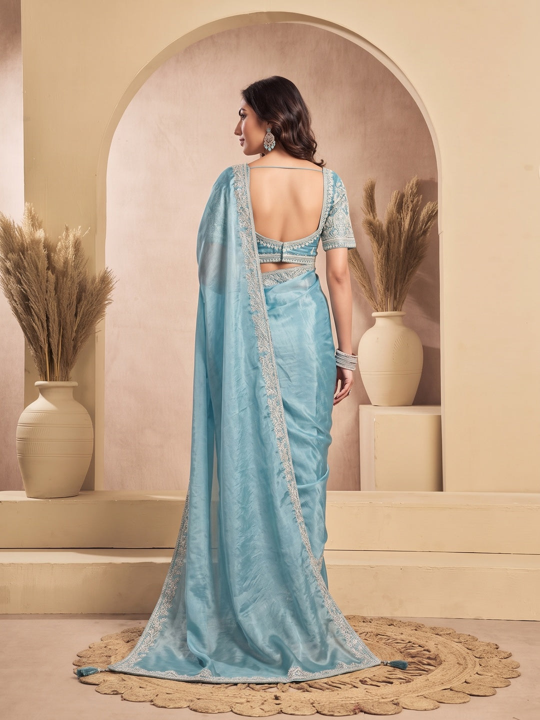 Peachmode Sky Blue Tissue Organza Silk Saree With Ready Blouse - Image 3