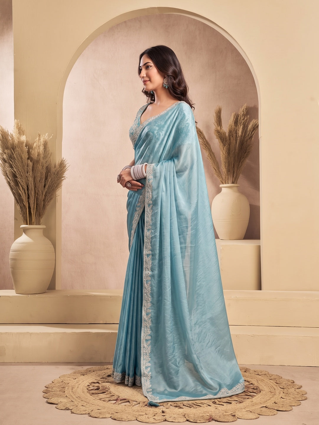 Peachmode Sky Blue Tissue Organza Silk Saree With Ready Blouse - Image 4