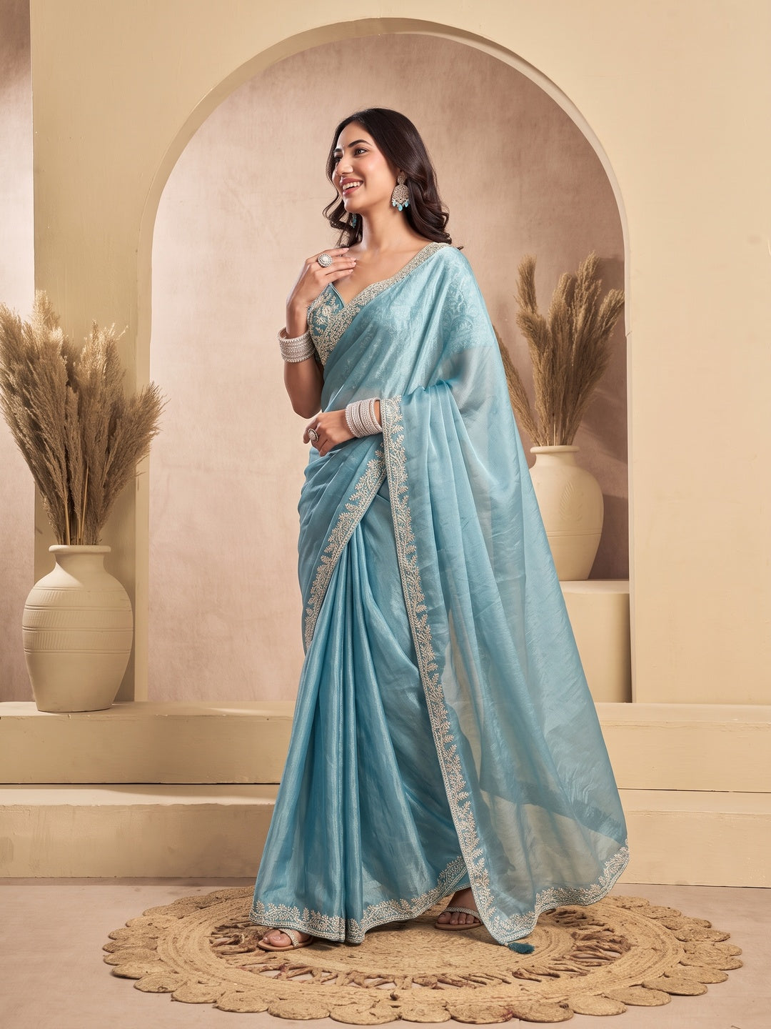 Peachmode Sky Blue Tissue Organza Silk Saree With Ready Blouse - Image 5