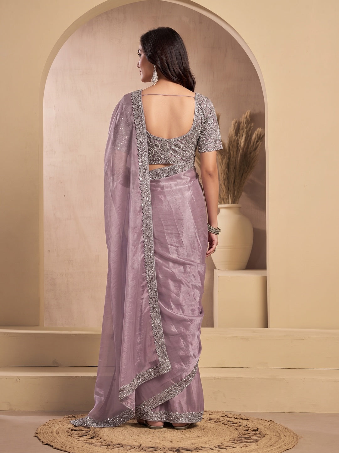 Peachmode Mauve Tissue Organza Silk Saree With Ready Blouse - Image 3
