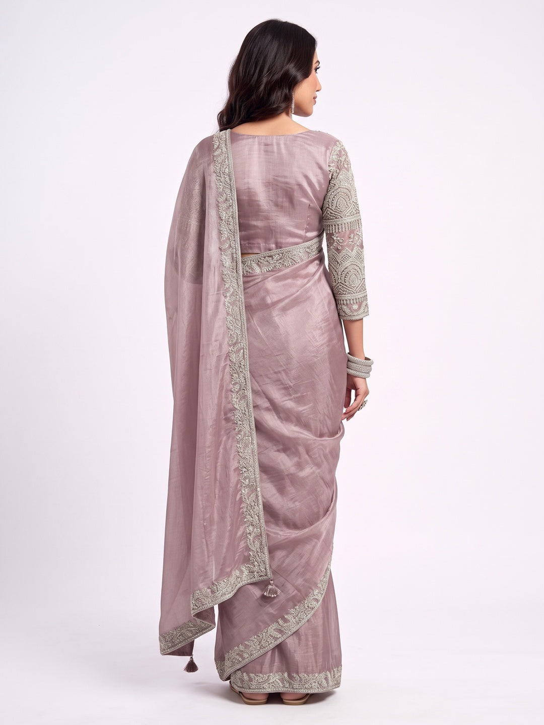 Peachmode Mauve Tissue Organza Silk Saree With Ready Blouse - Image 3