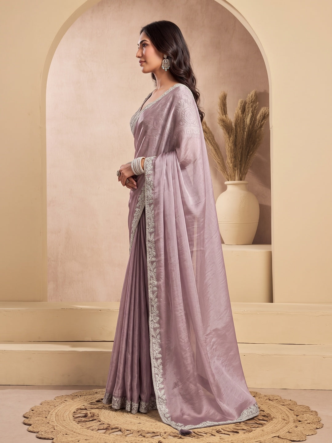 Peachmode Mauve Tissue Organza Silk Saree With Ready Blouse - Image 4