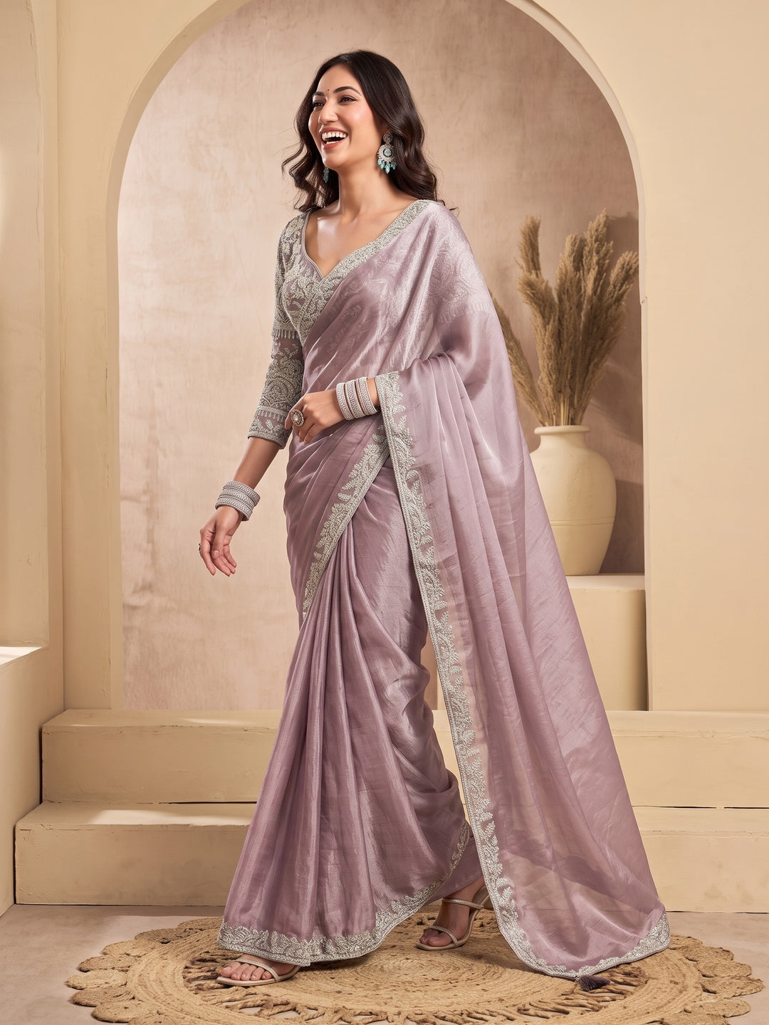 Peachmode Mauve Tissue Organza Silk Saree With Ready Blouse - Image 5