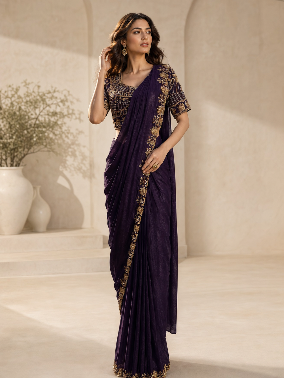 Peachmode Deep Purple Fendi Satin Saree With Beads Work Ready Blouse - Image 1