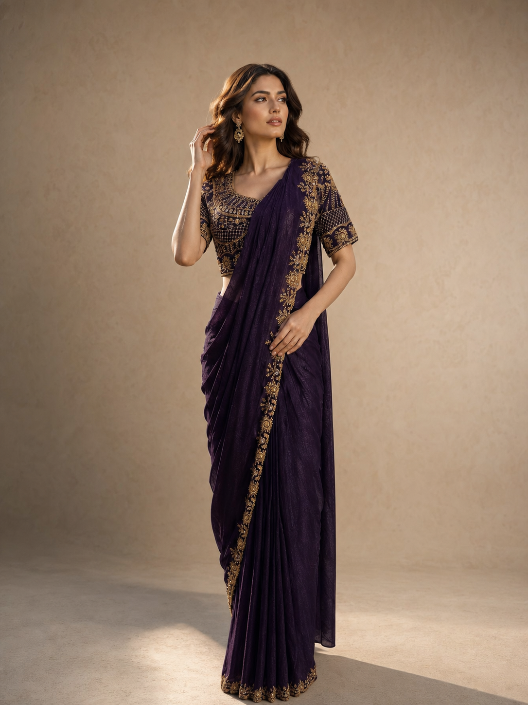 Peachmode Deep Purple Fendi Satin Saree With Beads Work Ready Blouse - Image 5