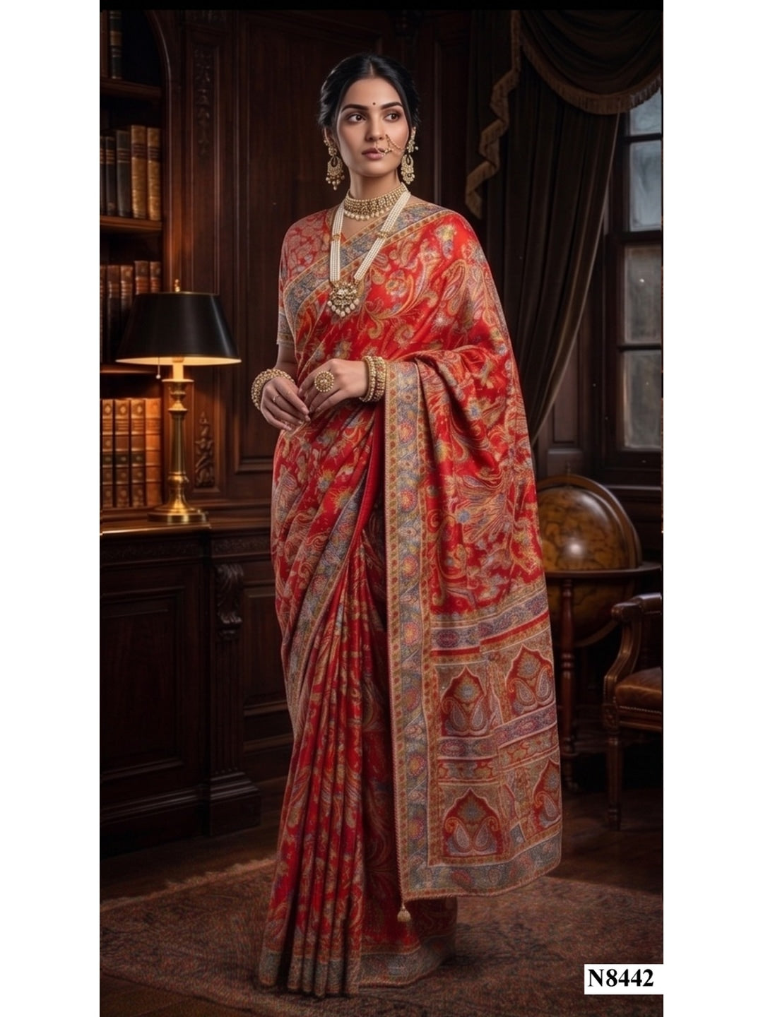 Peachmode Red Multicolor Aari Work Pure Crepe Silk Saree - Image 2