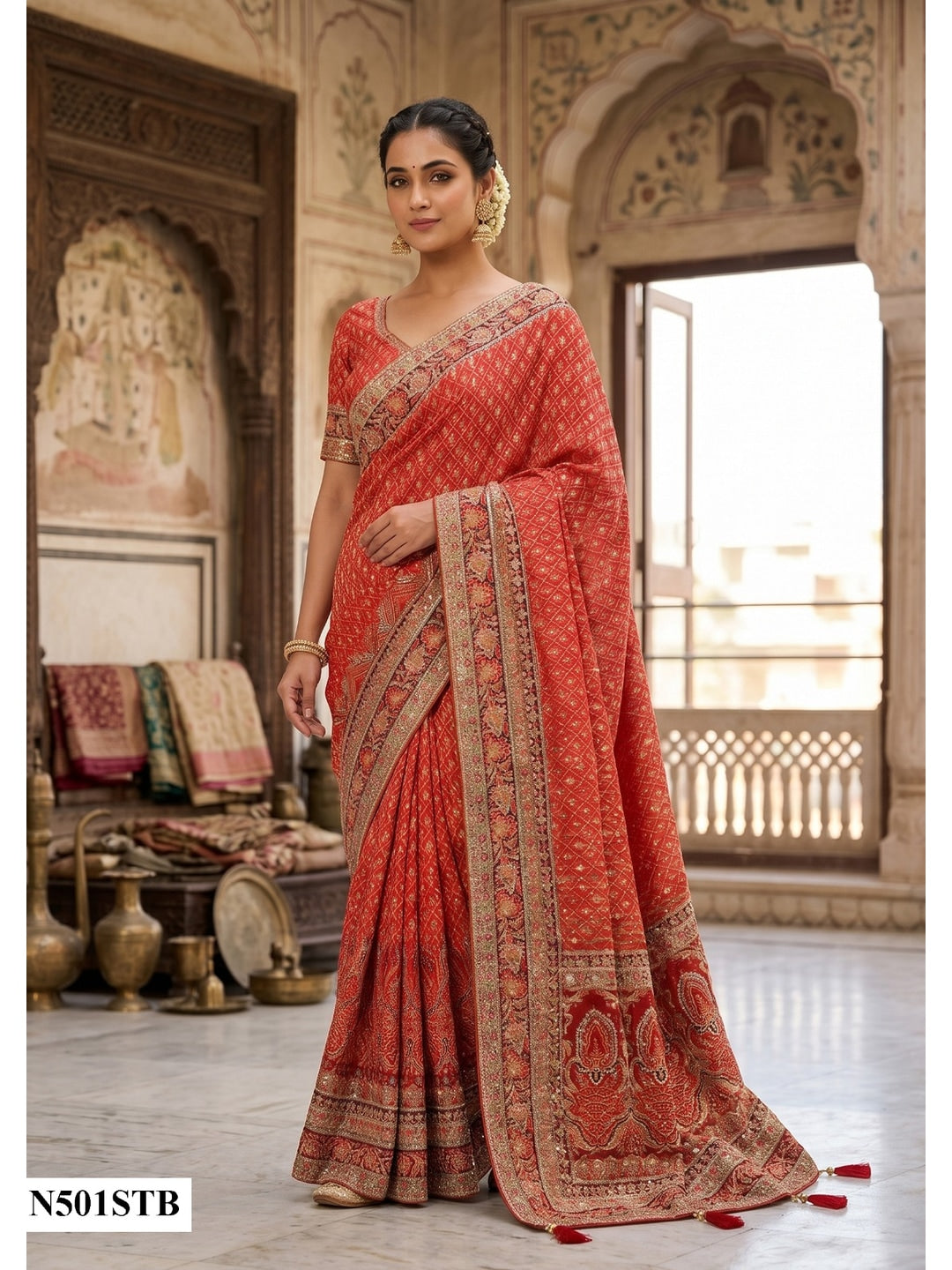 Peachmode Red Aari Work Pure Modal Satin Saree With Stitched Blouse - Image 2