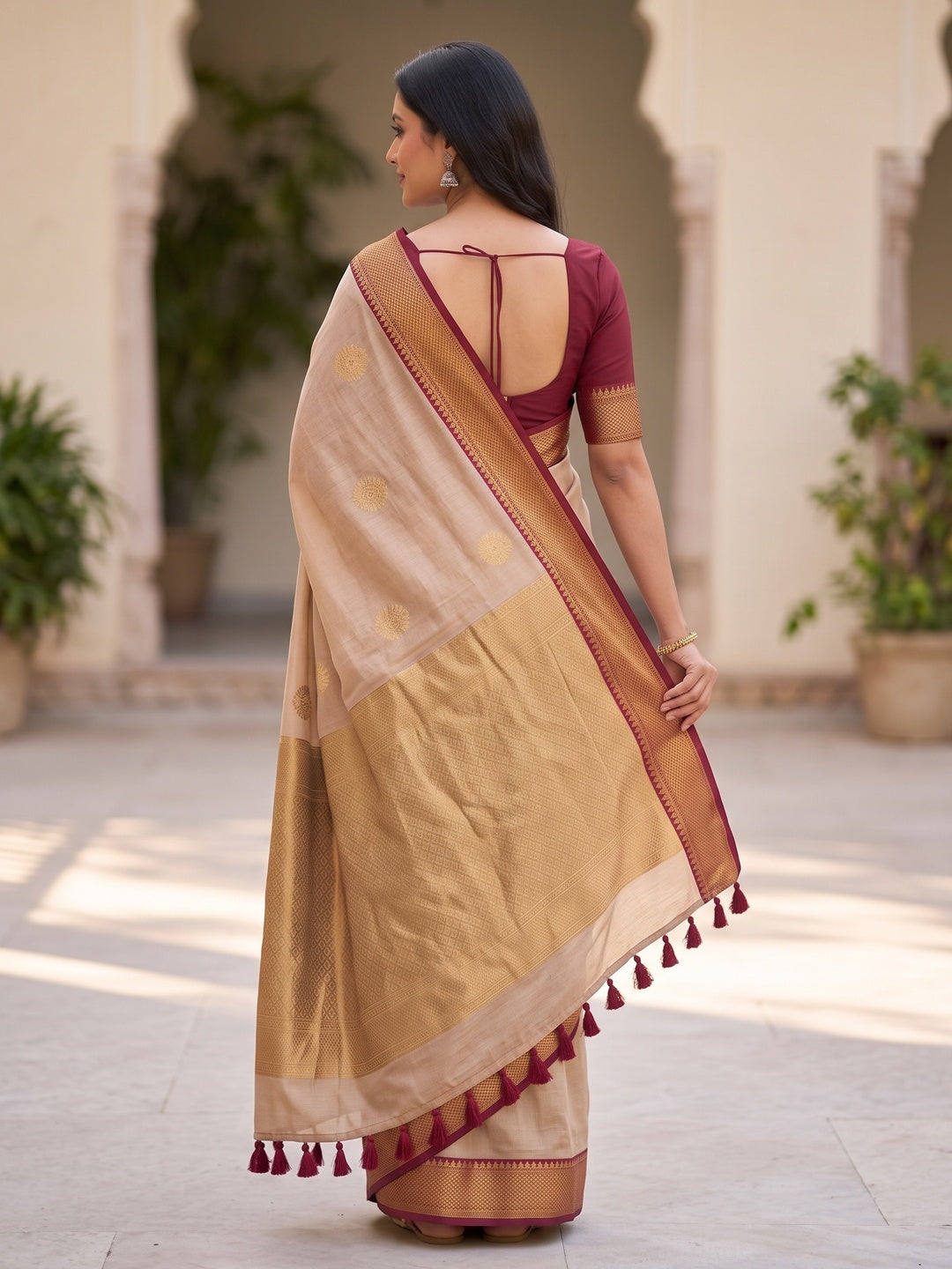 Peachmode Beige Maroon Woven Border Cotton Saree - Image 3