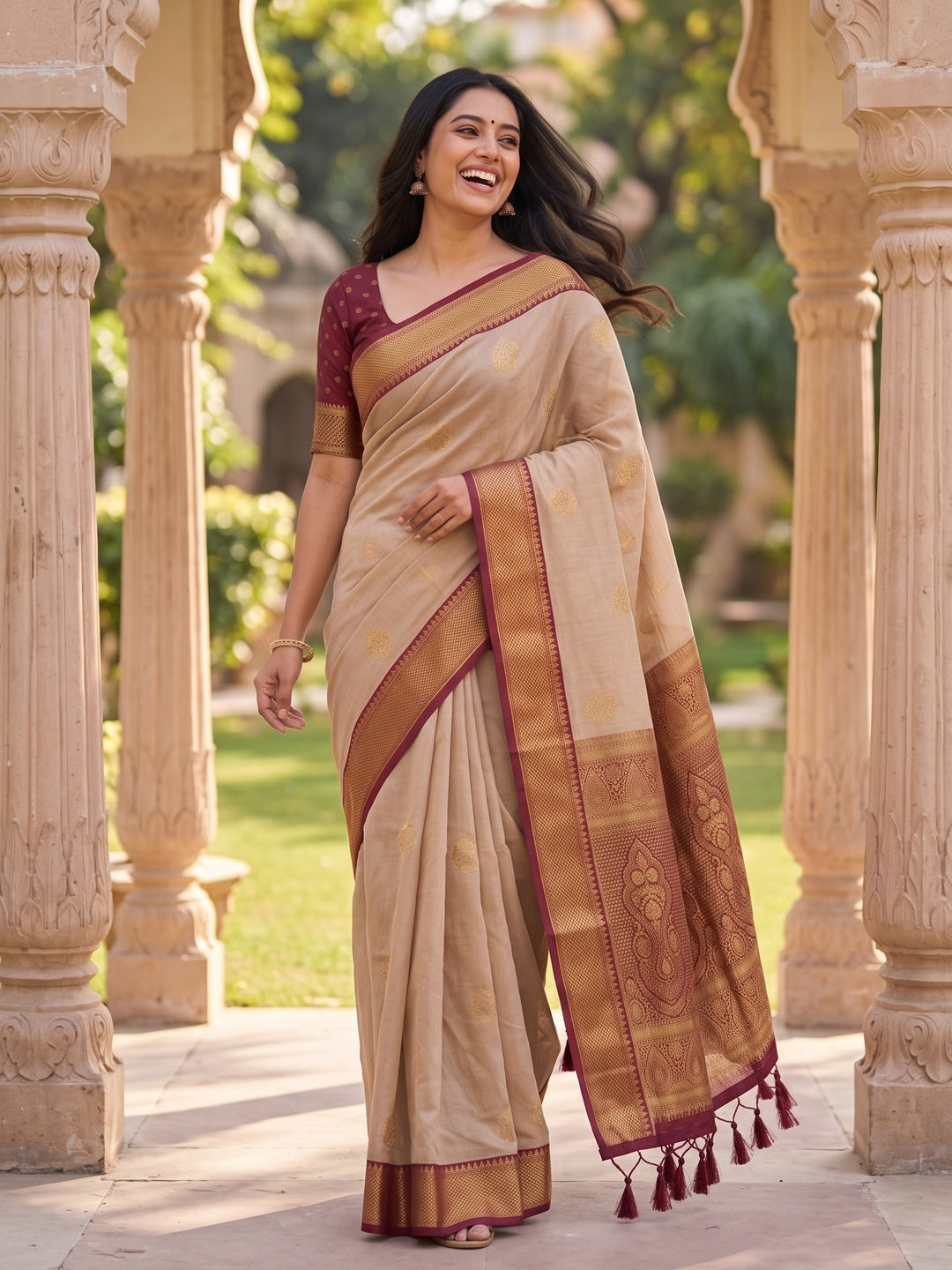 Peachmode Beige Maroon Woven Border Cotton Saree - Image 5