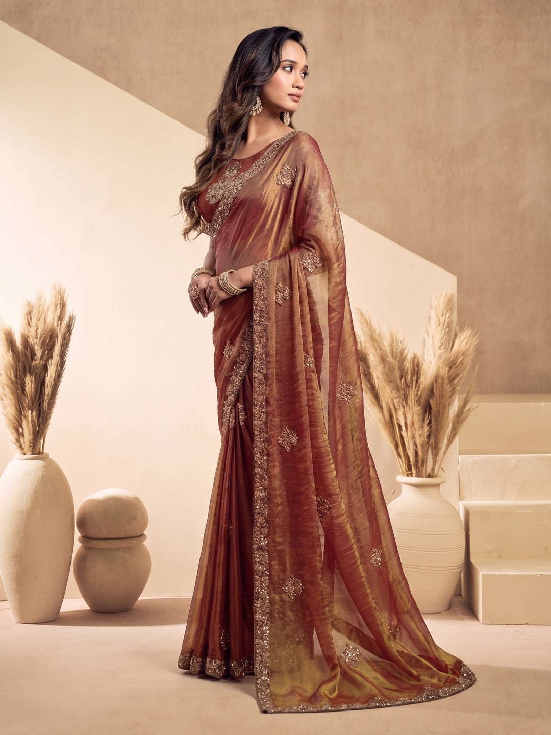 Peachmode Rust Tissue Organza Silk Saree With Ready Blouse - Image 4