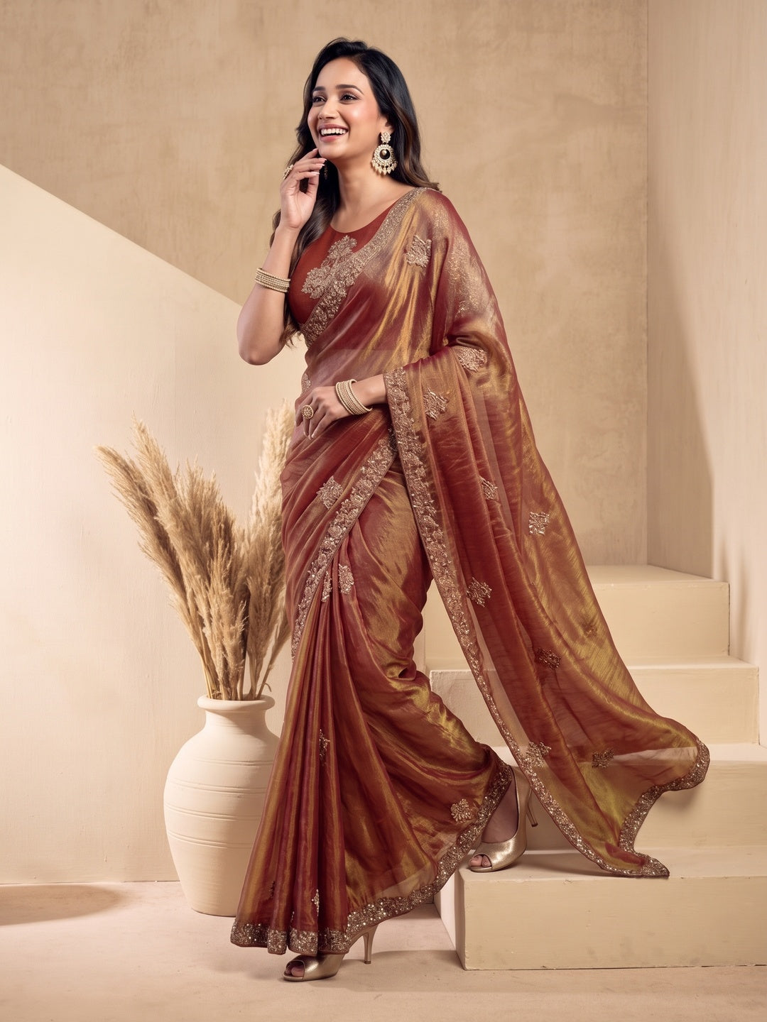 Peachmode Rust Tissue Organza Silk Saree With Ready Blouse - Image 5