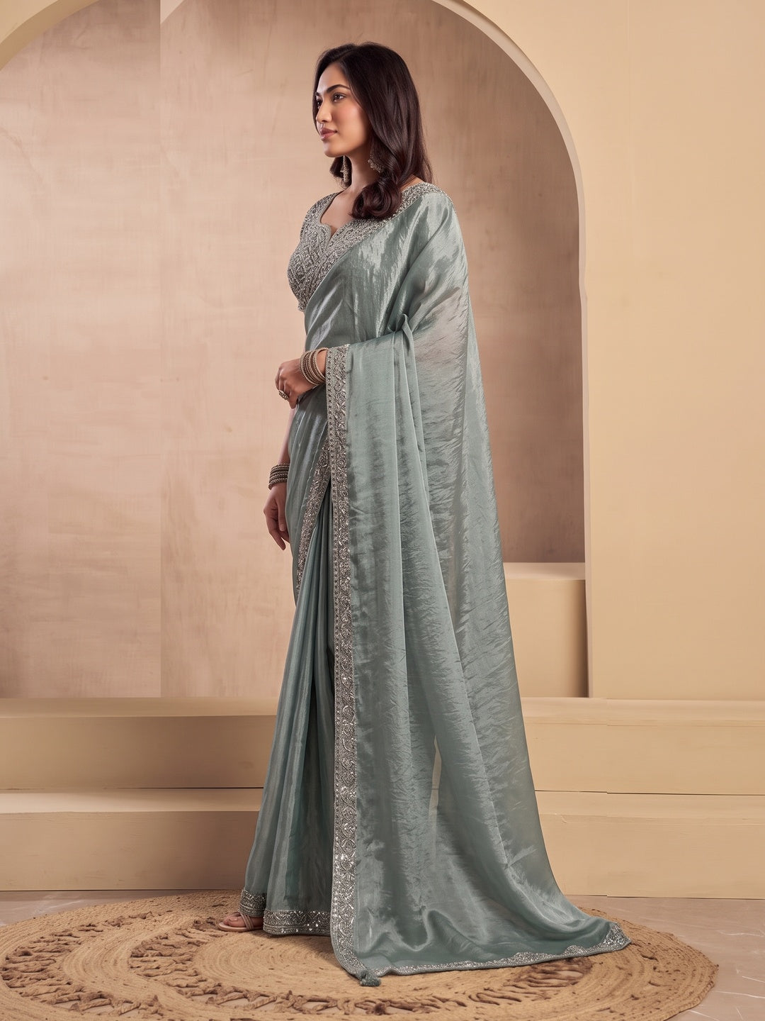Peachmode Sage Green Tissue Organza Silk Saree With Ready Blouse - Image 4