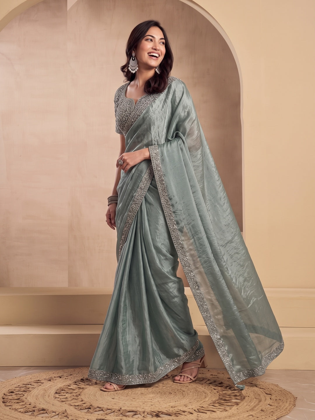 Peachmode Sage Green Tissue Organza Silk Saree With Ready Blouse - Image 5