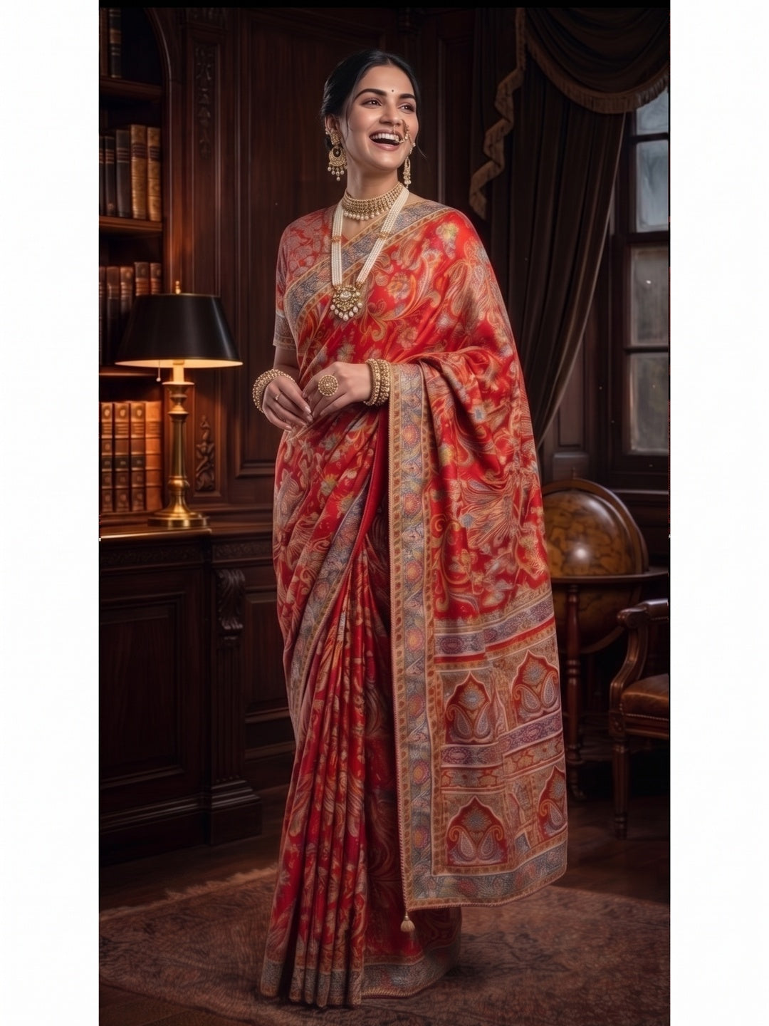 Peachmode Red Multicolor Aari Work Pure Crepe Silk Saree - Image 5