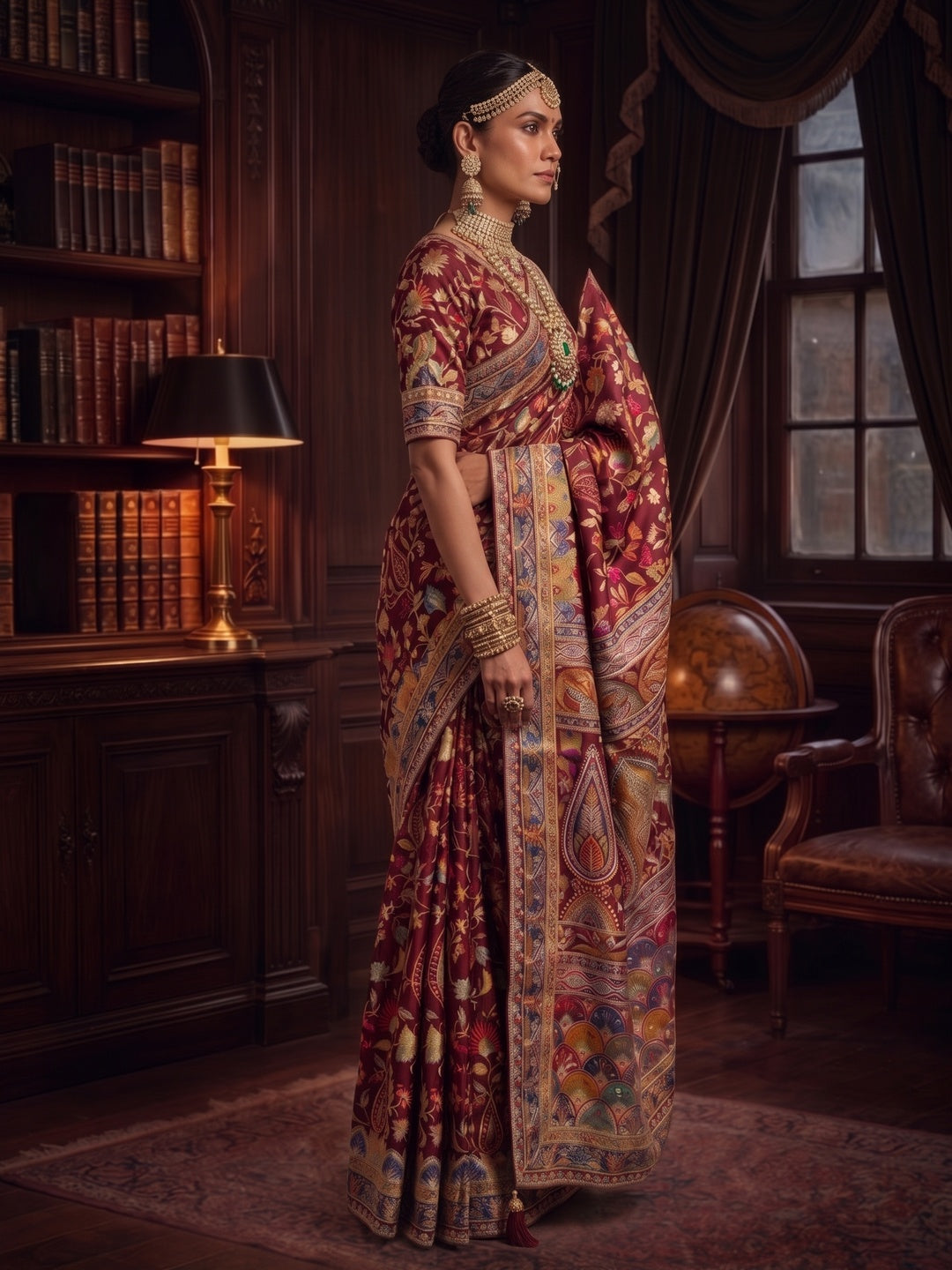 Peachmode Wine Multicolor Aari Work Pure Crepe Silk Saree - Image 4