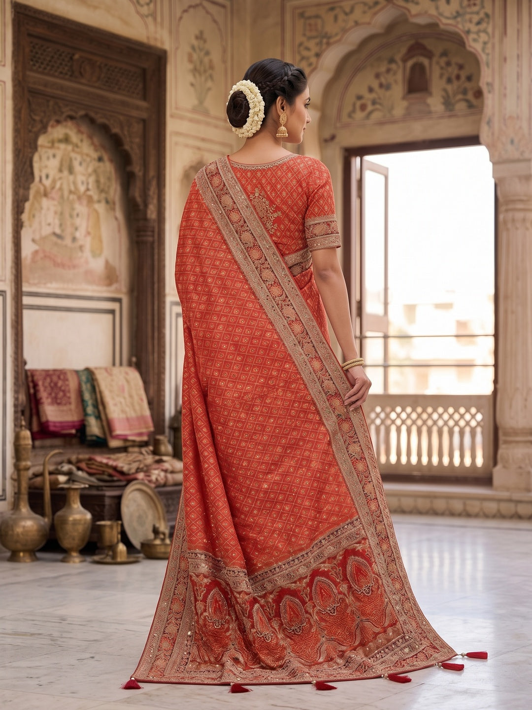 Peachmode Red Aari Work Pure Modal Satin Saree With Stitched Blouse - Image 3
