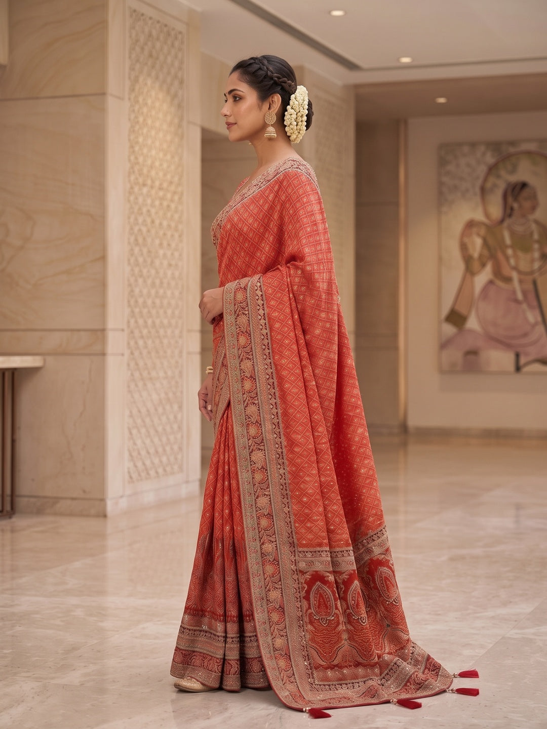 Peachmode Red Aari Work Pure Modal Satin Saree With Stitched Blouse - Image 4