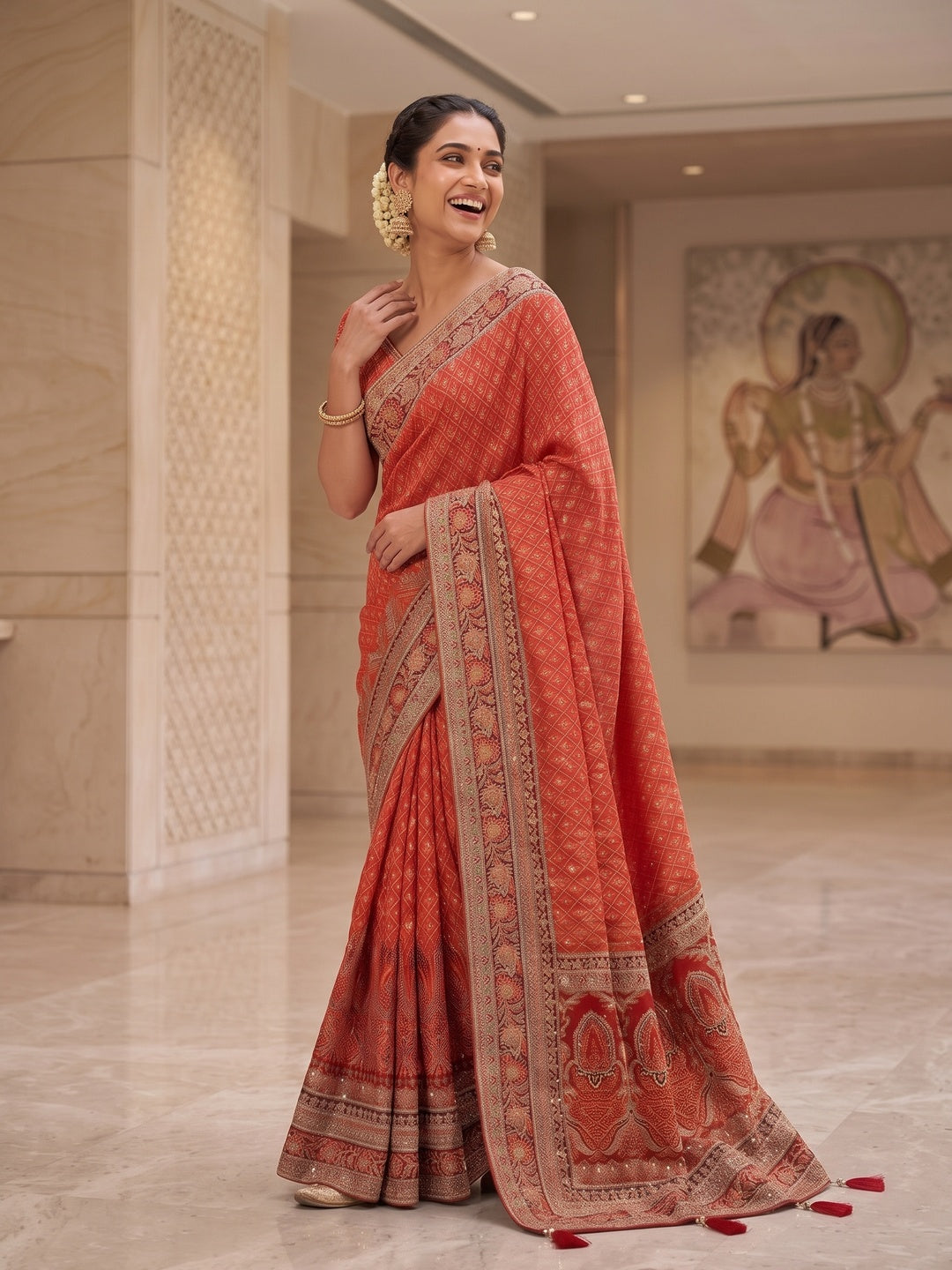 Peachmode Red Aari Work Pure Modal Satin Saree With Stitched Blouse - Image 5