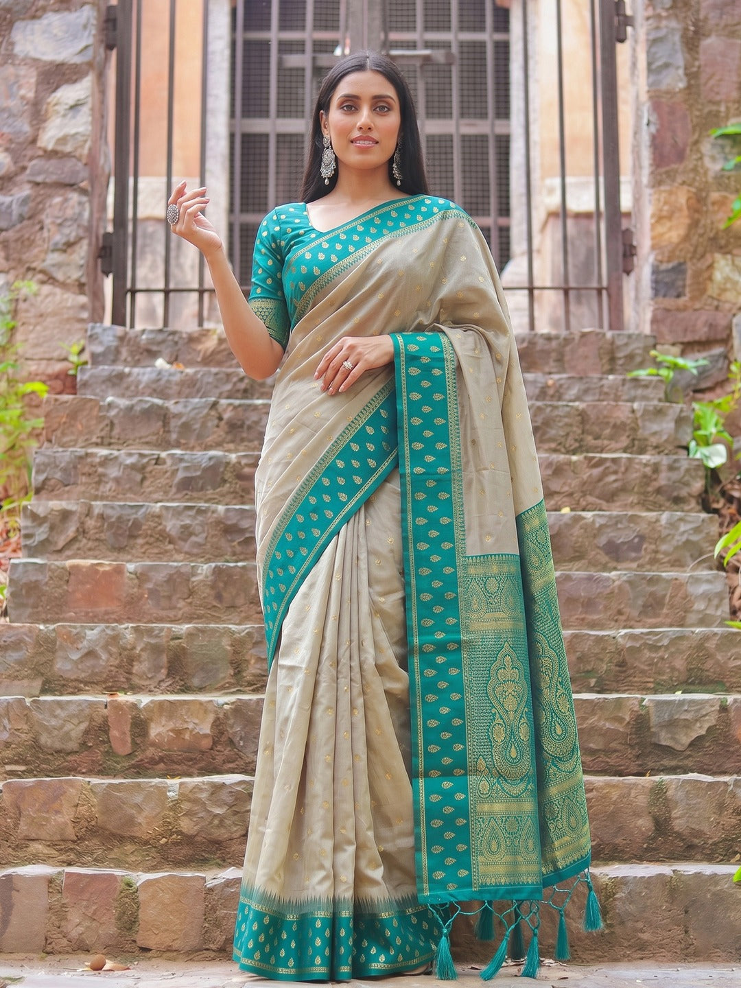 Peachmode Beige Teal Woven Border Cotton Saree - Image 1
