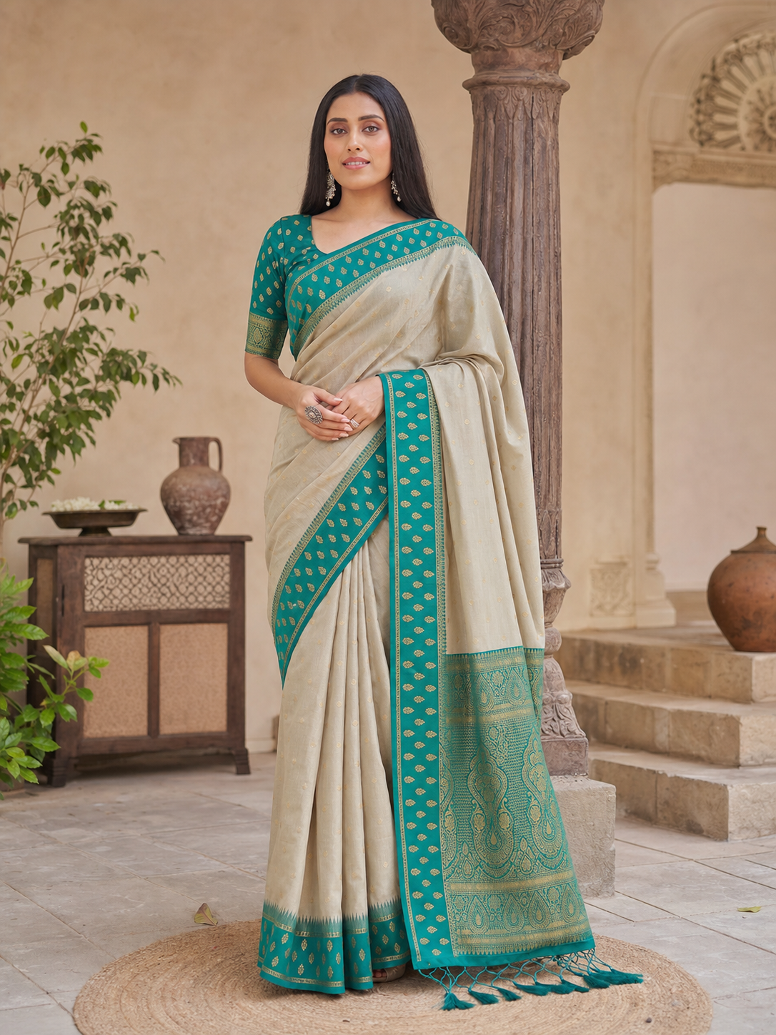 Peachmode Beige Teal Woven Border Cotton Saree - Image 2