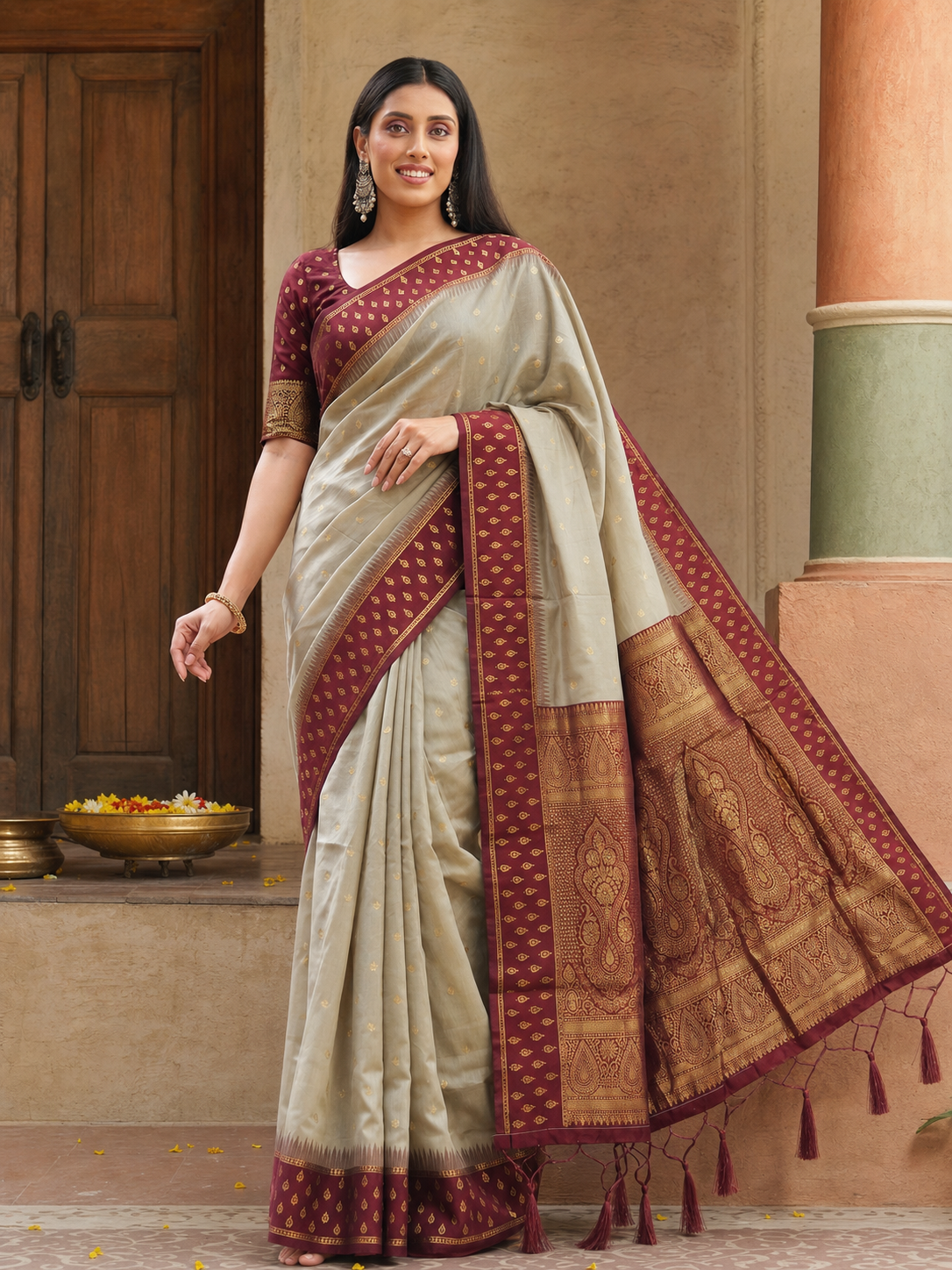 Peachmode Beige Maroon Woven Border Cotton Saree - Image 2