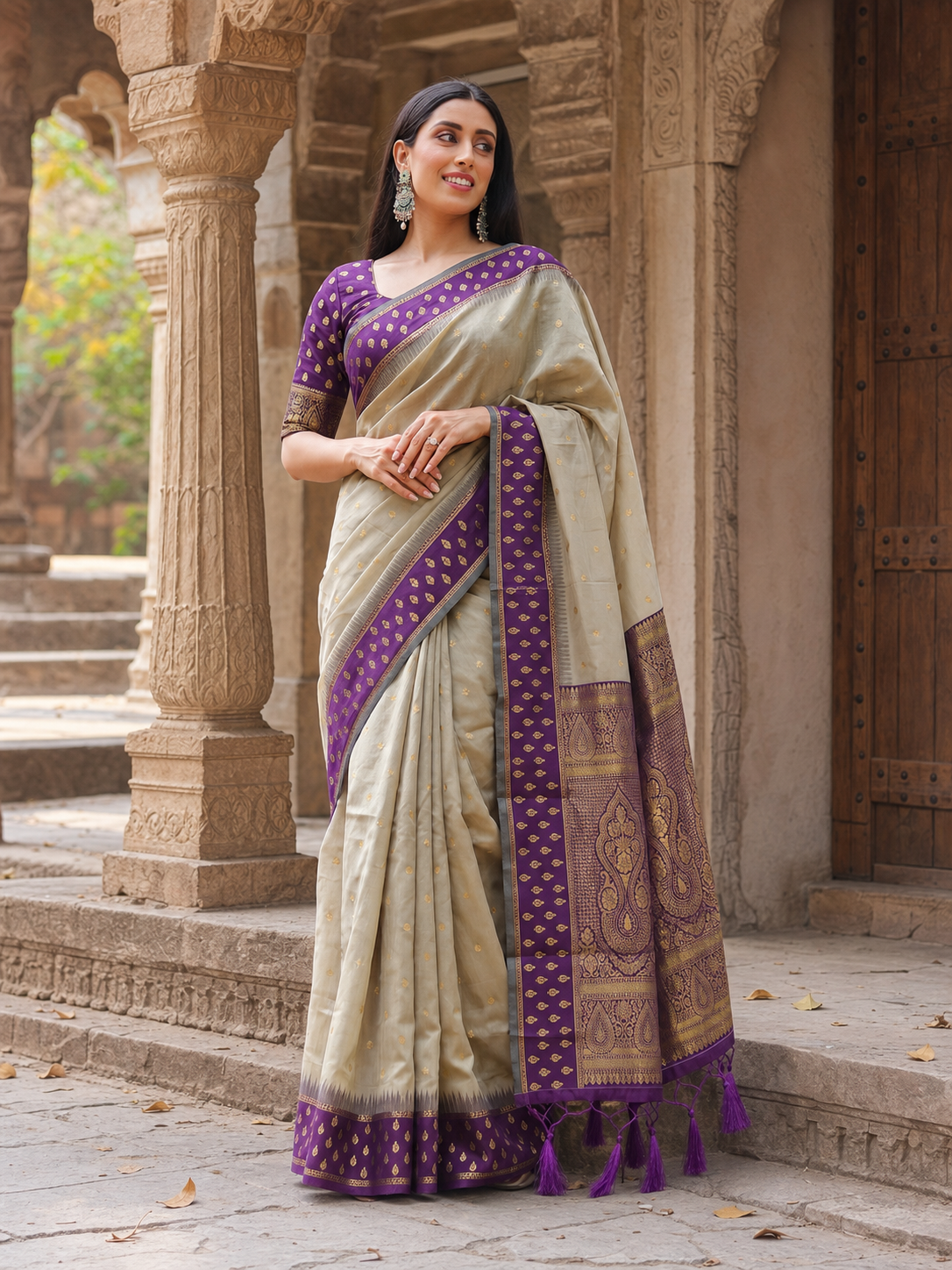 Peachmode Beige Purple Woven Border Cotton Saree - Image 5