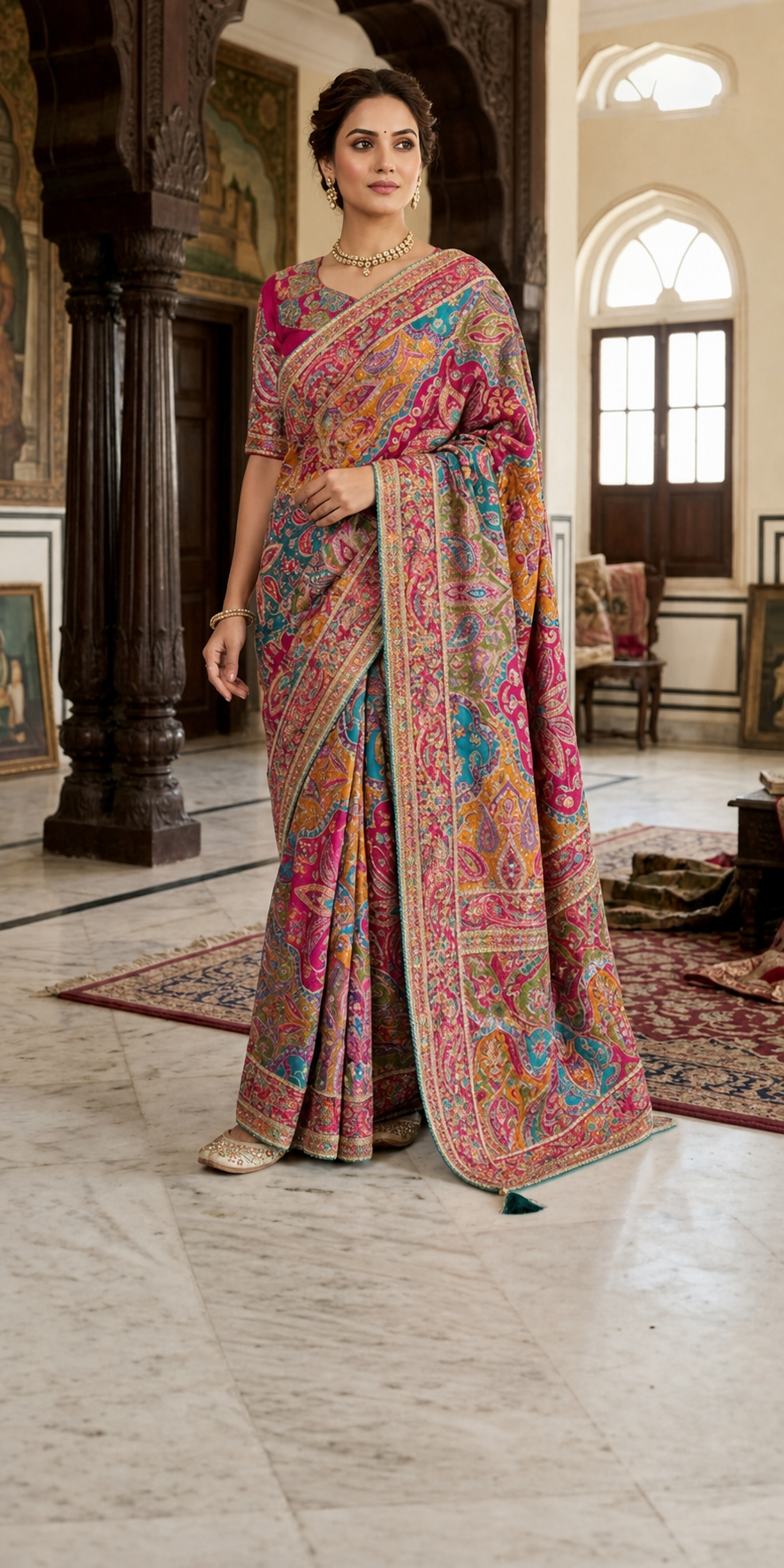 Peachmode Pink Multicolor Aari Work Natural Crepe Saree - Image 1