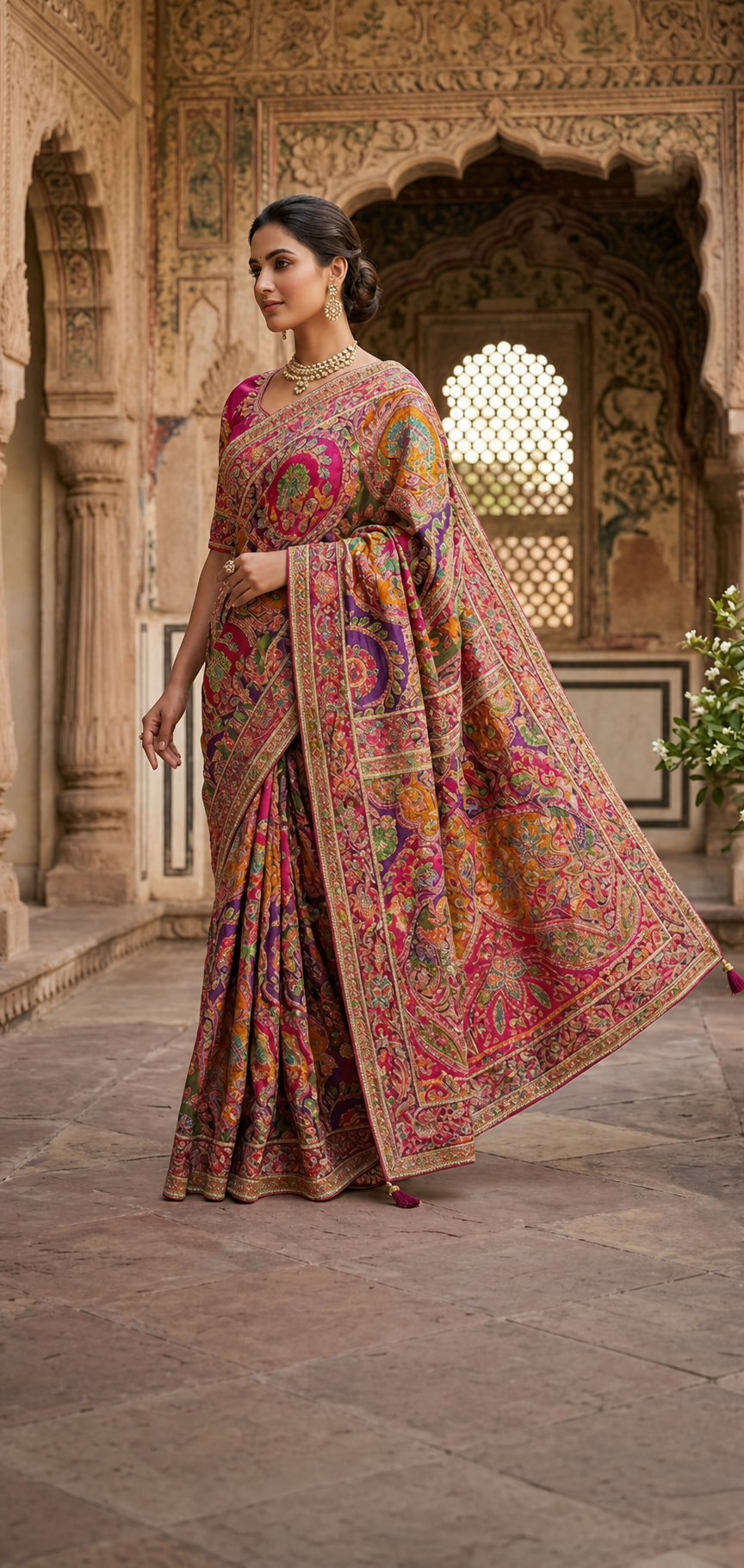 Peachmode Pink Multicolor Aari Work Natural Crepe Saree - Image 1