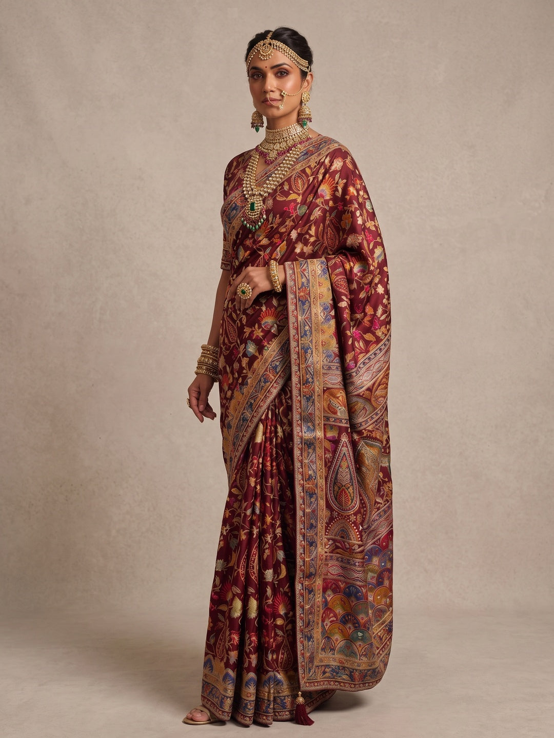 Peachmode Wine Multicolor Aari Work Pure Crepe Silk Saree - Image 1