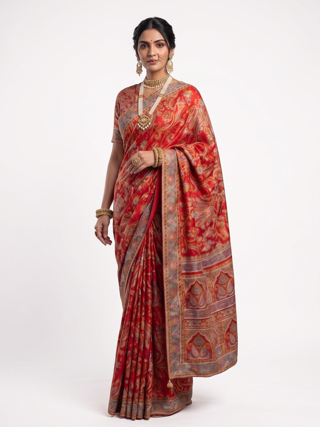 Peachmode Red Multicolor Aari Work Pure Crepe Silk Saree - Image 1