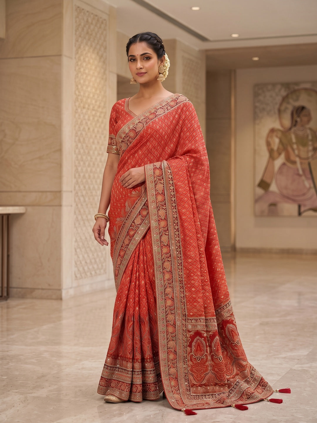 Peachmode Red Aari Work Pure Modal Satin Saree With Stitched Blouse - Image 1
