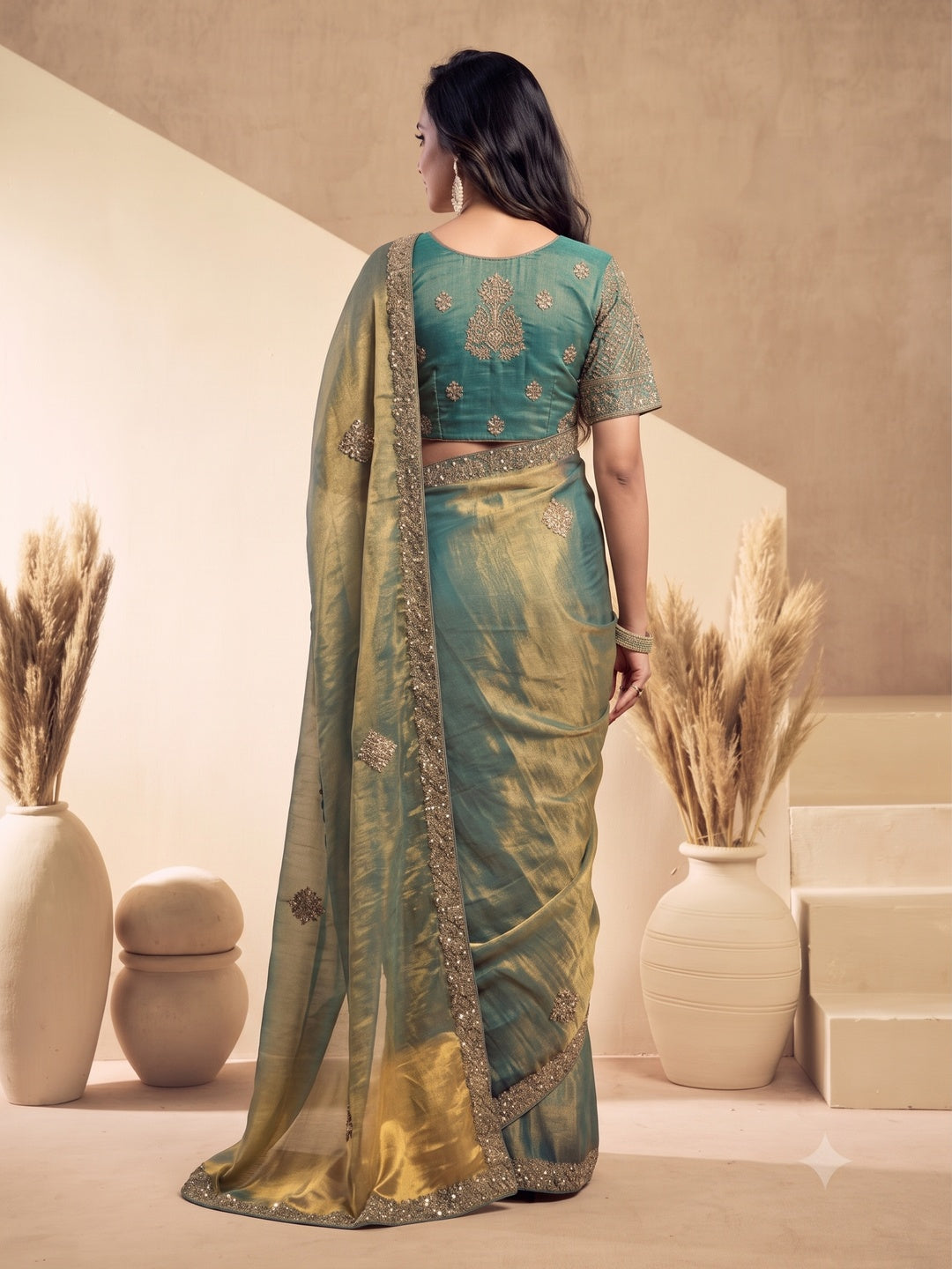 Peachmode Teal Tissue Organza Silk Saree With Ready Blouse - Image 3